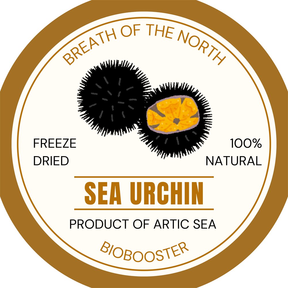 Breath of the North Sea Urchin label: freeze-dried, 100% natural, product of the Arctic Sea